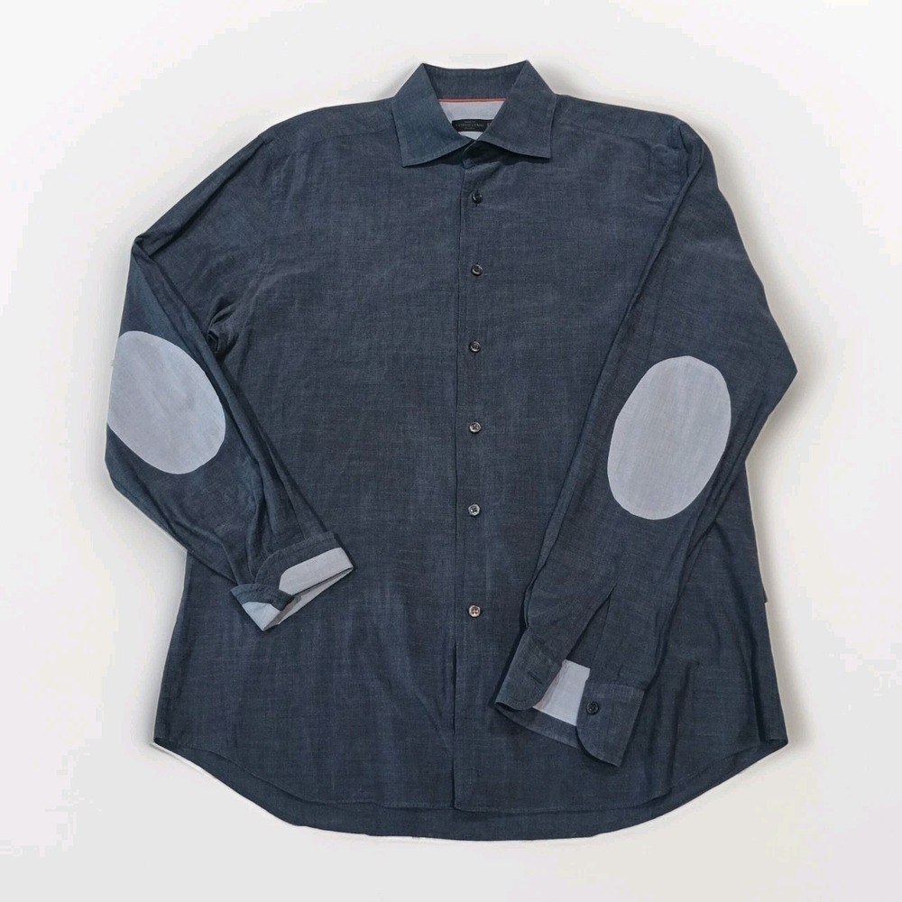 Corneliani ID Men Blue Shirt 15.75/40 Cotton Elbow Patches Italy Medium